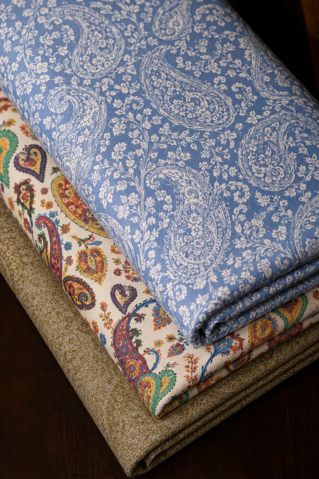 Cotton — blue and paisley printed fabric stack